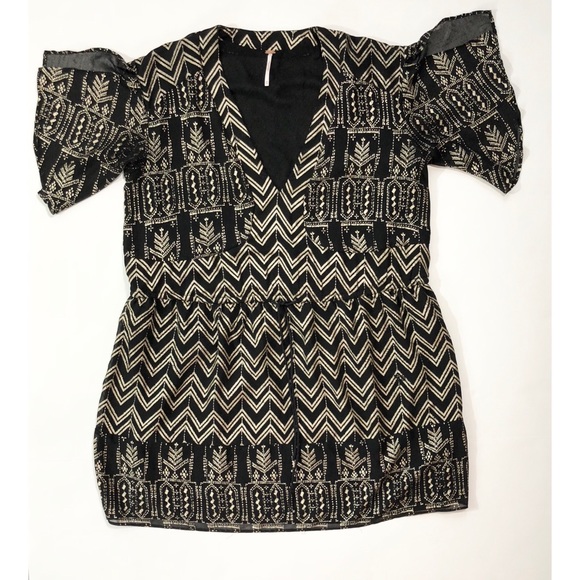 Free People Black Gold Boho V-Neck Tunic Dress - Picture 2 of 7
